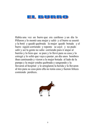 Había una vez un burro que era cariñoso y un día lo
Pillaron y lo montó una mujer y salió y el burro se asustó
y la botó y quedó quebrada la mujer quedó botada y el
burro siguió corriendo y repente se cayó y no pudo
salir y así la gente no salio corriendo para ir atajar al
burrito y lo hizo que se pare y lo llevó para su casa y lo
estregó y lo soltó que vaya a pastar ,un día unos hombres
iban caminando y vieron a la mujer botada al lado de la
pampa y la mujer estaba quebrada y sangrando y la
llevaron al hospital y le arreglaron la herida y la llevaron
al tiro para su casa pero ella no tenia casa y fueron felices
comiendo perdices.




                              9
 