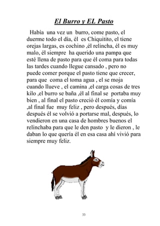 El Burro y EL Pasto
  Había una vez un burro, come pasto, el
duerme todo el día, él es Chiquitito, el tiene
orejas largas, es cochino ,él relincha, él es muy
malo, él siempre ha querido una pampa que
esté llena de pasto para que él coma para todas
las tardes cuando llegue cansado , pero no
puede comer porque el pasto tiene que crecer,
para que coma el toma agua , el se moja
cuando llueve , el camina ,el carga cosas de tres
kilo ,el burro se baña ,él al final se portaba muy
bien , al final el pasto creció él comía y comía
,al final fue muy feliz , pero después, días
después él se volvió a portarse mal, después, lo
vendieron en una casa de hombres buenos el
relinchaba para que le den pasto y le dieron , le
daban lo que quería él en esa casa ahí vivió para
siempre muy feliz.




                        33
 