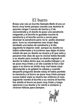 El burro
Érase una vez un burrito llamado Beiki él era un
burro muy tonto porque cuando sus dueños le
querían cargar 3 sacos de harina y 5 de
concentrado y el dueño le puso una zanahoria
colgando y el burrito le gustaba mucho la
zanahoria y el burrito corría y corría para
alcanzar la zanahoria pero no la podía alcanzar
pero tuvo su recompensa una mujer dejo
olvidada una bolsa de zanahoria y al día
siguiente lo dejaron solo porque su dueño se
había enfermado y lo tuvieron que dejar él tenia
miedo de que su dueño se muera y él que solo y
pasaron tres días de que la vecina había llevado
a su dueño pero cuando su dueño regresó el
doctor le había dicho que no podía trabajar y el
se puso muy triste y un día cuando le fue a dar
agua a su burro se sintió muy mal hasta cayó
desmayado y se golpeó la cabeza y cuando
despertó preguntó donde estoy él había perdido
la memoria y el burro se puso muy triste porque
nunca había visto su dueño tan enfermo el mes
siguiente vendió al burrito a su vecina el burrito
fue adulto el burro se puso muy triste y luego
operaron a su dueño y lo volvió a cómprar y
vivieron felices para siempre.




                        16
 