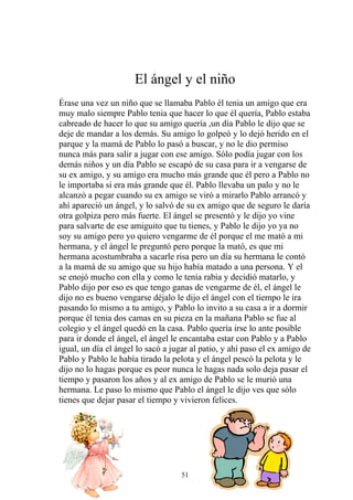 El ángel y el niño
Érase una vez un niño que se llamaba Pablo él tenia un amigo que era
muy malo siempre Pablo tenia que hacer lo que él quería, Pablo estaba
cabreado de hacer lo que su amigo quería ,un día Pablo le dijo que se
deje de mandar a los demás. Su amigo lo golpeó y lo dejó herido en el
parque y la mamá de Pablo lo pasó a buscar, y no le dio permiso
nunca más para salir a jugar con ese amigo. Sólo podía jugar con los
demás niños y un día Pablo se escapó de su casa para ir a vengarse de
su ex amigo, y su amigo era mucho más grande que él pero a Pablo no
le importaba si era más grande que él. Pablo llevaba un palo y no le
alcanzó a pegar cuando su ex amigo se viró a mirarlo Pablo arrancó y
ahí apareció un ángel, y lo salvó de su ex amigo que de seguro le daría
otra golpiza pero más fuerte. El ángel se presentó y le dijo yo vine
para salvarte de ese amiguito que tu tienes, y Pablo le dijo yo ya no
soy su amigo pero yo quiero vengarme de él porque el me mató a mi
hermana, y el ángel le preguntó pero porque la mató, es que mi
hermana acostumbraba a sacarle risa pero un día su hermana le contó
a la mamá de su amigo que su hijo había matado a una persona. Y el
se enojó mucho con ella y como le tenía rabia y decidió matarlo, y
Pablo dijo por eso es que tengo ganas de vengarme de él, el ángel le
dijo no es bueno vengarse déjalo le dijo el ángel con el tiempo le ira
pasando lo mismo a tu amigo, y Pablo lo invito a su casa a ir a dormir
porque él tenia dos camas en su pieza en la mañana Pablo se fue al
colegio y el ángel quedó en la casa. Pablo quería irse lo ante posible
para ir donde el ángel, el ángel le encantaba estar con Pablo y a Pablo
igual, un día el ángel lo sacó a jugar al patio, y ahí paso el ex amigo de
Pablo y Pablo le había tirado la pelota y el ángel pescó la pelota y le
dijo no lo hagas porque es peor nunca le hagas nada solo deja pasar el
tiempo y pasaron los años y al ex amigo de Pablo se le murió una
hermana. Le paso lo mismo que Pablo el ángel le dijo ves que sólo
tienes que dejar pasar el tiempo y vivieron felices.




                                    51
 