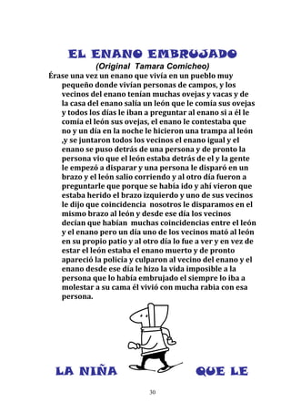 EL ENANO EMBRUJADO
             (Original Tamara Comicheo)
Érase una vez un enano que vivía en un pueblo muy
   pequeño donde vivían personas de campos, y los
   vecinos del enano tenían muchas ovejas y vacas y de
   la casa del enano salía un león que le comía sus ovejas
   y todos los días le iban a preguntar al enano si a él le
   comía el león sus ovejas, el enano le contestaba que
   no y un día en la noche le hicieron una trampa al león
   ,y se juntaron todos los vecinos el enano igual y el
   enano se puso detrás de una persona y de pronto la
   persona vio que el león estaba detrás de el y la gente
   le empezó a disparar y una persona le disparó en un
   brazo y el león salio corriendo y al otro día fueron a
   preguntarle que porque se había ido y ahí vieron que
   estaba herido el brazo izquierdo y uno de sus vecinos
   le dijo que coincidencia nosotros le disparamos en el
   mismo brazo al león y desde ese día los vecinos
   decían que habían muchas coincidencias entre el león
   y el enano pero un día uno de los vecinos mató al león
   en su propio patio y al otro día lo fue a ver y en vez de
   estar el león estaba el enano muerto y de pronto
   apareció la policía y culparon al vecino del enano y el
   enano desde ese día le hizo la vida imposible a la
   persona que lo había embrujado el siempre lo iba a
   molestar a su cama él vivió con mucha rabia con esa
   persona.




 LA NIÑA                                  QUE LE
                             30
 