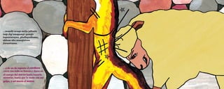 ...mayaki uruqu uwija jaltasin
taqi chp’amapampi qamqir
tupuntatayna, phallayañkama,
ukham uka munqintasa
jiwayatayna.




...y de un de repente el cordero
corre con toda su fuerza y choca en
el cuerpo del zorro hasta hacerlo
reventar, hasta que lo mató con ese
golpe, y así murió el zorro.
 