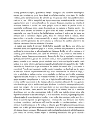 hacer y que nunca cumplió, "por falta de tiempo". Enseguida salió a caminar hasta la plaza
cercana para relajarse un poco, lugar donde se refugiaba muchas veces, tanto del barullo
continuo, como de la televisión o del teléfono que no cesan de sonar, más cuando los niños
están en la casa. Allí se tranquilizó por algunos momentos, mirando como los estudiantes
jugaban felices con el aire perfumado de los cerezos florecidos, mientras una retahíla de
recuerdos, comenzó a formar una nube pasajera sobre el banco de piedras donde se
encontraba, sombreando poco a poco, la armonía de esa mañana al finalizar agosto. Un
airecillo fresco levantó un remolino de polvo hasta las nubes, evaporando todo lo que
encontraba a su paso, llevándose la claridad donde reverbera el sosiego de las horas, sin
anteojos aún y, deslizando algunas gotas, desde los cúmulos hasta la calzada, donde
comenzaban a circular los primeros automóviles al trabajo, reflejando en el espejo retrovisor,
aquellos sombríos problemas del vivir cotidiano y soslayando los cambios expresivos del
rostro en los arbustos, bastante secos con el invierno.
A medida que trataba de recordar, dónde habría guardado esas llaves, justo ahora, que
necesitaba llevar ese importante papel a la notaría, mientras más penetraba en ese oscuro
pasillo de la memoria, éste se adensaba cada vez, hasta que decidió no volver a pensar en el
asunto y, pedir mientras tanto, una copia del documento y, así, sortear de esta manera el
problema, aunque fuera momentáneamente. Pues todos los días se repetían lo mismo en su
quehacer, salir corriendo, ya sea, por una razón u otra, al banco, supermercado o reuniones de
padres, envuelta en un vendaval que no terminaba nunca, hasta que llegaba la noche y caía
rendida en la cama, entonces, por algunos segundos, tenía la impresión que el reloj del velador
inventaba ese silencio con el que se desbocan los sueños sin cumplir aún, (y que nunca se
cumplirán). Pero, lo más importante, sucedía cuando traspasaban esa alambrada que los separa
de una triste realidad, desparramando una larga estela luminosa con sus ruedas de fuego, a
todo su alrededor, e incluso, muchas veces, ayudados por la Luna que le daba un encanto
especial a la noche, porque así, ella podía revocar todas sus penas hasta la mañana siguiente y
apagar entonces, tranquilamente la razón con el lápiz invisible del tiempo y con el cual era
posible escribir su porvenir en las paredes del cielo, mientras entrecierra los ojos, para no
mirar la araña que tejía su hechizo en el cajón del closet, el cual ahora había quedado cerrado,
quizá, para siempre. Así no se sorprenderá tanto con esos atropellados recuerdos, saliendo
como aves nocturnas, hasta perderse ante sus ojos en el inmenso mar de la memoria,
describiendo con sus olas embravecidas, todo el poder que todavía ejercen sobre ella,
dejándola sumida en un desierto inhóspito y, en lo más íntimo de su ser, vagando por aquellas
calles atestadas de gente sin rostro ni nombre, ya sea en las altas cumbres o en los arrecifes, y
donde a nadie le importan sus preocupaciones. Entonces ella saca de nuevo unas fuerzas
increíbles y evadiendo con bastante dificultad los escollos del camino cotidiano, vuelve a
entrar en el jardín donde está la flor azul de su infancia, igual de resplandeciente que entonces,
donde silba la brisa que trae el aroma de los dulces de leche que hacía su madre, deteniéndose
allí durante algunos segundos. Hasta que divisa la puerta de la notaría, más allá de la esquina,
justo cuando son las doce y aún no prepara el almuerzo y más encima, tiene que ir a buscar a
 