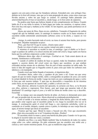 agujero con cera para evitar que las limaduras saliesen. Entended esto: este artilugio frau-
dulento no lo hizo allí mismo, sino que ya lo traía preparado de antes, como otras cosas que
llevaba encima y sobre las que luego os contaré. El canónigo había planeado con
anterioridad hacerle el truco al sacerdote y, desde luego, se lo hizo antes de separarse.
        No podría cejar hasta que hubiese dejado al otro completamente sin blanca. Cuando
hablo de él se me turba la mente; le haría pagar por todas sus mentiras, si supiese cómo.
Pero éste hoy está aquí y mañana ya ha volado. Es tan inquieto, que jamás permanece en el
mismo sitio.
        Ahora, por amor de Dios, fijaos en eso, caballeros. Tomando el fragmento de carbón
vegetal del que he hablado antes, el canónigo lo mantuvo oculto en la mano mientras el
sacerdote estaba entretenido amontonando carbones como os he dicho, y expuso en voz
alta:
        -Amigo, lo estáis haciendo todo al revés: no tiene el asiento bien hecho, pero pronto
lo arreglaré. Dejadme manipular un poco.
        -Pero, ¡por San Gil! Sí que lo siento. ¡Tenéis tanto calor!
        Puedo ver cómo el sudor os cae a gotas; tomad este paño y secaos.
        Y mientras el sacerdote se secaba la cara, el canónigo -¡que el diablo se lo lleve!-
cogió su pedazo de carbón y lo colocó encima del centro del crisol y luego sopló con fuerza
hasta que los carbones empezaron a arder vivamente.
        -Bebamos ahora algo -dijo el canónigo-. Confiad en mí. Todo estará dentro de un
instante. Sentémonos a refrescarnos.
        Y cuando el carbón de madera de haya se quemó, todas las limaduras salieron del
agujero y cayeron dentro del crisol como era lógico que sucediese, ya que estaban
colocadas encima mismo de su abertura. Pero de esto el buen sacerdote no sabía nada. No
tenía ni idea del engaño que se fraguaba contra él, pues creía que todos los carbones eran
idénticos y sin manipular.
        Cuando creyó que había llegado el momento, el alquimista dijo:
        -Levantaos ahora, señor cura, y quedaos de pie junto a mí. Como sea que estoy
seguro de que no tenéis ningún molde, salid y conseguidme un pedazo de yeso; con suerte
lo cortaré dándole la forma de molde. Luego me traéis un cazo o palangana de agua y veréis
lo bien que sale nuestro trabajo. Y para que no desconfiéis o sospechéis de mí mientras
estáis fuera, no me apartaré de vuestro lado, y saldré y volveré con vos.
        Para abreviar, abrieron la puerta del aposento, la cerraron con llave, se la llevaron
con ellos, salieron y regresaron. Pero bueno, ¿por qué tengo que pasarme todo el día
detallando? El canónigo cogió el yeso y lo talló en forma de molde como voy a describir.
Escuchad.
        De su manga saco una pequeña barrita de plata -¡la horca es demasiado poco para
él!- que no pesaba más de una onza. Ahora observad su condenada prestidigitación.
        Cortó el molde a la misma anchura y longitud de dicha barrita, pero con tal maña
que podéis estar seguros que el sacerdote jamás la vio; luego la escondió otra vez en la
manga. A continuación quitó el crisol del fuego y, con expresión satisfecha, vertió su
contenido en el molde; después, cuando estuvo a punto, lo introdujo en una vasija llena de
agua, al mismo tiempo que decía al sacerdote:
        -Veamos qué hay aquí. Meted la mano y buscad con ella. Creo que encontraréis
plata. ¿Qué otra cosa podría ser si no? Limaduras de plata. ¡Pardiez!
        El sacerdote metió la mano y pescó una barrita de plata pura. Cuando vio lo que era,
la alegría le recorrió todas sus venas y exclamó:
        -¡Bendito sea Dios y su santa Madre también! Que la bendición de todos los santos
caiga sobre vos, señor canónigo. Os pido solamente que me enseñéis este noble arte y
ciencia y seré vuestro mientras pueda. Si no, que su maldición caiga sobre mí.
 