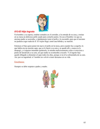 013-El Hijo Ingrato
Un hombre y su esposa, estaban sentados en el corredor, a la entrada de su casa, y tenían
en su mesa un delicioso pollo asado para comerlo juntos. En eso el hombre vio que su
anciano padre se acercaba, y rápidamente tomó el pollo y lo escondió, para que el anciano
no pudiera coger nada de él. El viejito llegó, tomó una bebida y se marchó.
Entonces el hijo quiso poner de nuevo el pollo en la mesa, pero cuando fue a cogerlo, lo
que había era un enorme sapo, que se le lanzó a su cara y se quedó allí, y nunca se le
despegó, y si alguien intentaba quitárselo, lo miraba maliciosamente como si estuviera a
punto de lanzársele a su cara, así que nadie se aventuraba a tocarlo. Y el ingrato hijo
quedó obligado a alimentar al sapo todos los días, porque si no él se alimentaba de su cara.
Así, por su ingratitud. el hombre no volvió a tener descanso en su vida.
Enseñanza:
Siempre se debe respetar a padre y madre.
65
 