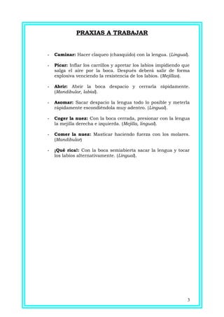 PRAXIAS A TRABAJAR
- Caminar: Hacer claqueo (chasquido) con la lengua. (Lingual).
- Picar: Inflar los carrillos y apretar los labios impidiendo que
salga el aire por la boca. Después deberá salir de forma
explosiva venciendo la resistencia de los labios. (Mejillas).
- Abrir: Abrir la boca despacio y cerrarla rápidamente.
(Mandibular, labial).
- Asomar: Sacar despacio la lengua todo lo posible y meterla
rápidamente escondiéndola muy adentro. (Lingual).
- Coger la nuez: Con la boca cerrada, presionar con la lengua
la mejilla derecha e izquierda. (Mejilla, lingual).
- Comer la nuez: Masticar haciendo fuerza con los molares.
(Mandibular)
- ¡Qué rica!: Con la boca semiabierta sacar la lengua y tocar
los labios alternativamente. (Lingual).
3
 
