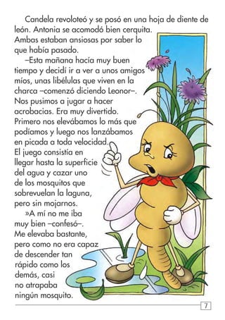 777
Candela revoloteó y se posó en una hoja de diente de
león. Antonia se acomodó bien cerquita.
Ambas estaban ansiosas por saber lo
que había pasado.
–Esta mañana hacía muy buen
tiempo y decidí ir a ver a unos amigos
míos, unas libélulas que viven en la
charca –comenzó diciendo Leonor–.
Nos pusimos a jugar a hacer
acrobacias. Era muy divertido.
Primero nos elevábamos lo más que
podíamos y luego nos lanzábamos
en picada a toda velocidad.
El juego consistía en
llegar hasta la superficie
del agua y cazar uno
de los mosquitos que
sobrevuelan la laguna,
pero sin mojarnos.
»A mí no me iba
muy bien –confesó–.
Me elevaba bastante,
pero como no era capaz
de descender tan
rápido como los
demás, casi
no atrapaba
ningún mosquito.
 