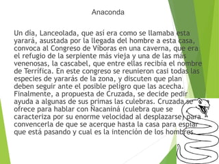 Anaconda
Un día, Lanceolada, que así era como se llamaba esta
yarará, asustada por la llegada del hombre a esta casa,
convoca al Congreso de Víboras en una caverna, que era
el refugio de la serpiente más vieja y una de las más
venenosas, la cascabel, que entre ellas recibía el nombre
de Terrífica. En este congreso se reunieron casi todas las
especies de yararás de la zona, y discuten que plan
deben seguir ante el posible peligro que las acecha.
Finalmente, a propuesta de Cruzada, se decide pedir
ayuda a algunas de sus primas las culebras. Cruzada se
ofrece para hablar con Ñacaniná (culebra que se
caracteriza por su enorme velocidad al desplazarse) para
convencerla de que se acerque hasta la casa para espiar
que está pasando y cual es la intención de los hombres.
 