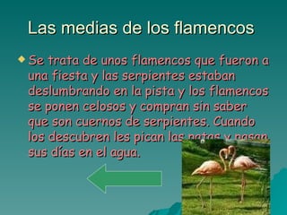 Las medias de los flamencos  Se trata de unos flamencos que fueron a una fiesta y las serpientes estaban deslumbrando en la pista y los flamencos se ponen celosos y compran sin saber que son cuernos de serpientes. Cuando los descubren les pican las patas y pasan sus días en el agua. 