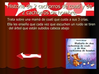Historia de 2 cachorros de coatí y de 2 cachorros de hombre. Trata sobre una mamá de coatí que cuida a sus 3 crías. Ella les enseño que cada vez que escuchen un ruido se tiren del árbol que están subidos cabeza abajo 