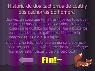 Historia de dos cachorros de coatí y dos cachorros de hombre   Una vez un coatí que tenía tres hijos los tuvo que dejar que buscaran su comida solos. Un día a un coatí que le gustaba los huevos, fue a buscarlos a donde estaban las gallinas y el hombre lo agarró y se los dio a sus hijos.  El coatí vivía feliz hasta que un día se le apareció una serpiente y lo picó. Su madre no quería que los niños estén tristes y dejó al otro coatí.  Fin!~ 