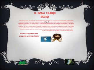 EL CASTILLO Y EL BOSQUE
                                 ENCANTAD0
Había una vez un cast illo embr uj ado que est aba en un bosque encant ado gober nado
 por una br uj a malvada que t enía capt ur ada a la pr incesa y a un pr íncipe llamados
Caspian y Susan. Un día Susan y Caspian se escapar on al bosque encant ado y al llegar
allí se enf r ent ar on con dr agones, gusanos mut ant es y hadas. Per o los monst r uos er an
buenos. Al ot r o día Susan y Caspian hablar on con los monst r uos par a mat ar a la br uj a
 y su ej ér cit o de t r ols, los dr agones, gusanit os mut ant es y las t or t ugas lanza f uego.
  Cuando había caído la noche t odos los buenos at acar on y mat ar on a la br uj a y los
                                          t r ols, r ecuper ar on el r eino y vivier on f eos par a
                                                                 siempr e.
  MATEO GRASSI
LUCAS COCCARO
 