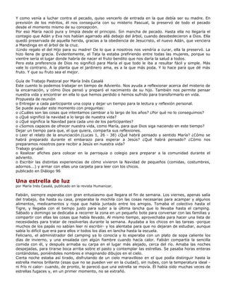 Y como venía a luchar contra el pecado, quiso vencerlo de entrada en la que debía ser su madre. En
previsión de los méritos, él nos conseguiría con su misterio Pascual, la preservó de todo el pecado
desde el momento mismo de su concepción.
Por eso María nació pura y limpia desde el principio. Sin mancha de pecado. Hasta ella no llegaría el
contagio que Adán y Eva nos habían agarrado allá debajo del árbol, cuando desobedecieron a Dios. Ella
quedó preservada de aquella herida, gracias a la obediencia de Jesucristo, el nuevo Adán, que venciera
a Mandinga en el árbol de la cruz.
¡Lindo regalo el del Hijo para su madre! De lo que a nosotros nos vendría a curar, ella la preservó. La
hizo llena de gracia. Evidentemente, el Tata la estaba prefiriendo entre todas las mujeres, porque su
vientre sería el lugar donde habría de nacer el fruto bendito que nos daría la salud a todos.
Pero esta preferencia de Dios no significó para María el que todo le iba a resultar fácil y simple. Más
vale lo contrario. A la planta que el jardinero ama, es a la que más poda. Y lo hace para que dé más
fruto. Y que su fruto sea el mejor.

Guía de Trabajo Pastoral por María Inés Casalá
Este cuento lo podemos trabajar en tiempo de Adviento. Nos ayuda a reflexionar acerca del misterio de
la encarnación, y cómo Dios pensó y preparó el nacimiento de su hijo. También nos permite pensar
nuestra vida y encontrar en ella lo que hemos perdido o hemos sufrido para transformarlo en vida.
Propuesta de reunión
o Entregar a cada participante una copia y dejar un tiempo para la lectura y reflexión personal.
Se puede ayudar este momento con preguntas:
o ¿Cuáles son las cosas que intentamos cambiar a lo largo de los años? ¿Por qué no lo conseguimos?
o ¿Qué significó la navidad a lo largo de nuestra vida?
o ¿Qué significa la Navidad para cada uno de los participantes?
o ¿Somos capaces de ofrecer nuestra vida, como María, para que Dios siga naciendo en este tiempo?
Dejar un tiempo para que, el que quiera, comparta sus reflexiones.
o Leer el relato de la anunciación.(Lucas 1, 26 - 38) ¿Qué habrá pensado y sentido María? ¿Cómo se
habrá preparado durante el embarazo para esperar a Jesús? ¿Qué habrá pensado? ¿Cómo nos
preparamos nosotros para recibir a Jesús en nuestra vida?
Trabajo grupal:
o Realizar afiches para colocar en la parroquia o colegio para preparar a la comunidad durante el
adviento.
o Escribir las distintas experiencias de cómo vivieron la Navidad de pequeños (comidas, costumbres,
adornos...) y armar con ellas una carpeta para leer con los chicos.
publicado en Diálogo 96

Una estrella de luz
por María Inés Casalá, publicado en la revista Humanizar.

Fabián, siempre esperaba con gran entusiasmo que llegara el fin de semana. Los viernes, apenas salía
del trabajo, iba hasta su casa, preparaba la mochila con las cosas necesarias para acampar y algunos
alimentos, medicamentos y ropa que había juntado entre los amigos. Tomaba el colectivo hasta el
Tigre, y llegaba con el tiempo justo para subir a la última lancha que lo llevaba hasta el camping.
Sábado y domingo se dedicaba a recorrer la zona en un pequeño bote para conversar con las familias y
compartir con ellas las cosas que había llevado. Al mismo tiempo, aprovechaba para hacer una lista de
necesidades para tratar de resolverlas durante la semana. Ayudaba a los chicos en las tareas -porque
muchos de los papás no sabían leer ni escribir- y los alentaba para que no dejaran de estudiar, aunque
sabía lo difícil que era para ellos ir todos los días en lancha hasta la escuela.
Feliciano, el administrador del camping ya lo conocía y lo esperaba con un plato de sopa caliente los
días de invierno, y una ensalada con algún fiambre cuando hacía calor. Fabián compartía la sencilla
comida con él, y después armaba su carpa en el lugar más alejado, cerca del río. Amaba las noches
despejadas, para tirarse boca arriba sobre el pasto y contemplar las estrellas. Se pasaba horas enteras
contándolas, poniéndoles nombres e imaginando dibujos en el cielo.
Cierta noche estaba así tirado, disfrutando de un cielo maravilloso en el que podía distinguir hasta la
estrella menos brillante (esas que no se pueden ver en la ciudad), sin nubes, con la temperatura ideal -
ni frío ni calor- cuando, de pronto, le pareció que una estrella se movía. Él había oído muchas veces de
estrellas fugaces y, en un primer momento, no se extrañó.
 