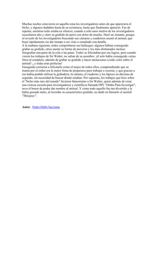 Muchas noches estuvieron en aquella zona los investigadores antes de que apareciera el
bicho, y algunos dudaban hasta de su existencia, hasta que finalmente apareció. Fue de
repente, mientras todo estaba en silencio, cuando a sólo unos metros de los investigadores
escucharon alto y claro su gruñido de perro con dolor de muelas. Duró un instante, porque
el revuelo de los investigadores buscando sus cámaras y cuadernos asustó al animal, que
huyó rápidamente sin dar tiempo a ser visto o estudiado con detalle.
A la mañana siguiente, todos comprobaron sus hallazgos: algunos habían conseguido
grabar su gruñido, otros anotar su forma de moverse y los más afortunados incluso
fotografiar una parte de la cola o las patas. Todos se felicitaban por sus logros, pero cuando
vieron los trabajos de Sir Walter, no salían de su asombro: ¡él solo había conseguido varias
fotos al completo, además de grabar su gruñido y hacer anotaciones a todo color sobre el
animal! ¡ y todas eran perfectas!
Enseguida corrieron a felicitarle como el mejor de todos ellos, comprendiendo que su
manía por el orden era la mejor foma de prepararse para trabajar a oscuras, y que gracias a
eso había podido utilizar la grabadora, la cámara, el cuaderno y los lápices en décimas de
segundo, sin necesidad de buscar dónde estaban. Por supuesto, los trabajos que hizo sobre
el "bicho más raro del mundo" hicieron famosísimo a Sir Walter, quien además de crear
una exitosa escuela para investigadores y científicos llamada OPI, "Orden Para Investigar",
tuvo el honor de poder dar nombre al animal. Y como todo aquello fue tan divertido y le
había gustado tanto, al recordar su característico gruñido, no dudó en llamarlo el animal
"Másguay".
Autor.. Pedro Pablo Sacristan
 