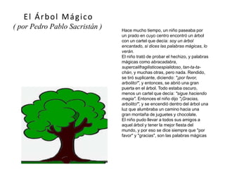 Hace mucho tiempo, un niño paseaba por
un prado en cuyo centro encontró un árbol
con un cartel que decía: soy un árbol
encantado, si dices las palabras mágicas, lo
verán.
El niño trató de probar el hechizo, y palabras
mágicas como abracadabra,
supercalifragilisticoespialidoso, tan-ta-ta-
chán, y muchas otras, pero nada. Rendido,
se tiró suplicante, diciendo: "¡por favor,
arbolito!", y entonces, se abrió una gran
puerta en el árbol. Todo estaba oscuro,
menos un cartel que decía: "sigue haciendo
magia". Entonces el niño dijo "¡Gracias,
arbolito!", y se encendió dentro del árbol una
luz que alumbraba un camino hacia una
gran montaña de juguetes y chocolate.
El niño pudo llevar a todos sus amigos a
aquel árbol y tener la mejor fiesta del
mundo, y por eso se dice siempre que "por
favor" y "gracias", son las palabras mágicas
El Árbol Mágico
( por Pedro Pablo Sacristán )
(imagen coloreada)
 