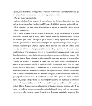 _ ¿Hola, estás bien? Llegó el cheque de la devolución de impuestos, viene a tu nombre, así que
puedes cambiarlo mañana, te lo dejé en un sobre y son cien para ti.
_ ¿No será mucho?, contestó ella.
_ Así está calculado. Mira, tratamos de cambiarlo con don Enrique, el contador, pero viene
mal escrito nuestro apellido, con letra inicial N en vez de M. Ojalá no tengas algún problema.
_ No te preocupes por nada, puedo depositarlo en mi cuenta, la tranquilizó ella, en caso de
cualquier impedimento.
Pero el mayor de todos los obstáculos fue la restricción, la que a ella siempre se le olvida
cuando ésta cambiaba a fin de mes y Marisa pensaría ahora que era mala voluntad. Justo en
ese momento pasó frente a un negocio que le recordó el pan y algunas otras cosas para el
almuerzo, ya que nunca le alcanzaría el tiempo para ir al supermercado a pie, luego, enseguida
continuó caminando por Américo Vespucio hasta Hanover, una calle tan solitaria como
sombría, especialmente por los grandes plátanos orientales, lo que hace de ésta una calle ideal
para transitar en el verano, aunque otra vez su pensamiento se vuelve pesimista, ya que según
dicen han asaltado a varias dueñas de casas, a quienes arrancaron sus bolsos o carteras y las
que nada sacaron dando gritos de auxilio, pues nadie hace nada por temor a las represalias.
Además, que ya ni en el automóvil se puede estar muy segura porque los delincuentes se
acercan y amenazan con cuchillo o pistola al chofer, generalmente mujer. Muchas veces,
incluso lanzando ratones sobre el parabrisas o por la ventana abierta, sintiéndose obligadas
ante el pánico a bajarse mientras ellos arrancan con tarjetas de crédito, chequera, dejando más
tarde el automóvil abandonado en una población cualquiera, todo desmantelado. Menos mal,
que ya puede avistar la casa, a la que le está haciendo falta a gritos una mano de pintura,
piensa ella, aunque sólo por fuera, a lo mejor le podría alcanzar con la plata de los impuestos
si no le hubiera prometido a Juan C. llevarlo a La Serena, a ella también le estaba haciendo
bastante falta un descanso, menos mal que ahora ya llega para almorzar temprano antes de ir a
visitar a su tía Flora, quien se encuentra hospitalizada desde el viernes y allí son muy estrictos
con respecto a las horas de entrada, le explicaron, de quince a dieciocho solamente. Una
 