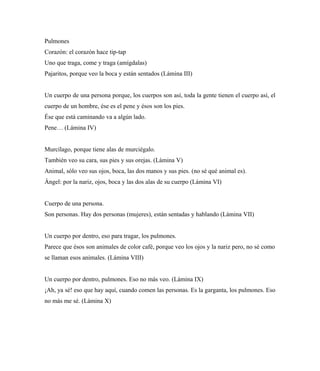 Pulmones
Corazón: el corazón hace tip-tap
Uno que traga, come y traga (amígdalas)
Pajaritos, porque veo la boca y están sentados (Lámina III)
Un cuerpo de una persona porque, los cuerpos son así, toda la gente tienen el cuerpo así, el
cuerpo de un hombre, ése es el pene y ésos son los pies.
Ése que está caminando va a algún lado.
Pene… (Lámina IV)
Murcílago, porque tiene alas de murciégalo.
También veo su cara, sus pies y sus orejas. (Lámina V)
Animal, sólo veo sus ojos, boca, las dos manos y sus pies. (no sé qué animal es).
Ángel: por la nariz, ojos, boca y las dos alas de su cuerpo (Lámina VI)
Cuerpo de una persona.
Son personas. Hay dos personas (mujeres), están sentadas y hablando (Lámina VII)
Un cuerpo por dentro, eso para tragar, los pulmones.
Parece que ésos son animales de color café, porque veo los ojos y la nariz pero, no sé como
se llaman esos animales. (Lámina VIII)
Un cuerpo por dentro, pulmones. Eso no más veo. (Lámina IX)
¡Ah, ya sé! eso que hay aquí, cuando comen las personas. Es la garganta, los pulmones. Eso
no más me sé. (Lámina X)
 