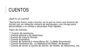 CUENTOS
¿Qué es un cuento?
*Narración breve, oral o escrita, en la que se narra una historia de
ficción con un reducido número de personajes, una intriga poco
desarrollada y un clímax y desenlace final rápidos.
Tipos de cuentos:
** Cuento de aventuras.
* Cuento policial o de detectives.
* Cuento de ciencia-ficción
* Cuento dramático.
* Cuento de fantasía o maravilloso (Ej.: La Bella Durmiente).
* Cuento fantástico (Ej.: La biblioteca de Babel, de Borges).
* Cuento de terror o cuento de horror, de miedo, de fantasmas, etc.
 