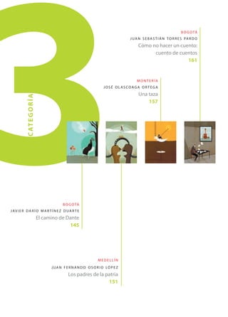3
                                                                                                                    B O G O TÁ
                                                                                  J U A N S E B A S T I Á N T O R R E S PA R D O
                                                                                       Cómo no hacer un cuento:
                                                                                             cuento de cuentos
                                                                                                           161


                                                                                      MONTERÍA
                                                                     JOSÉ OLASCOAGA ORTEGA
                                                                                       Una taza
           C AT E G O R Í A




                                                                                           157




                                           B O G O TÁ
J AV I E R D A R Í O M A R T Í N E Z D U A R T E
                              El camino de Dante
                                            145




                                                                  MEDELLÍN
                                    J UA N F E R N A N D O O S O R I O LÓ P E Z
                                              Los padres de la patria
                                                                151
 
