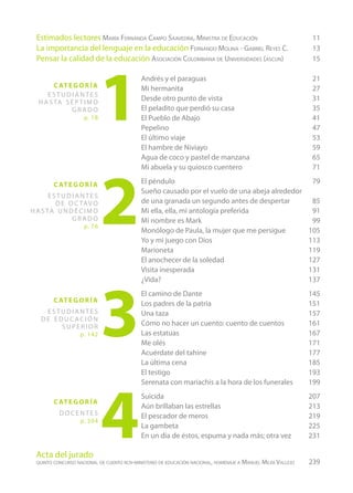 Estimados lectores María Fernanda Campo Saavedra, Ministra de Educación	                                     11
  La importancia del lenguaje en la educación Fernando Molina - Gabriel Reyes C. 	                             13
  Pensar la calidad de la educación Asociación Colombiana de Universidades (ascun)	                            15




                              1
                                            Andrés y el paraguas	             21
        c at e g o r í a                    Mi hermanita	                     27
     estudiantes
  h a s ta s é p t i m o
                                            Desde otro punto de vista	        31
              grado                         El peladito que perdió su casa	   35
                     p. 1 8                 El Pueblo de Abajo	               41
                                            Pepelino	47
                                            El último viaje	                  53
                                            El hambre de Niviayo	             59
                                            Agua de coco y pastel de manzana	 65




                              2
                                            Mi abuela y su quiosco cuentero	  71

         c at e g o r í a                   El péndulo	                                        79
                                            Sueño causado por el vuelo de una abeja alrededor
       estudiantes
         d e o c tav o                      de una granada un segundo antes de despertar	      85
h a s ta u n d é c i m o                    Mi ella, ella, mi antología preferida	             91
              grado                         Mi nombre es Mark	                                 99
                     p. 7 6
                                            Monólogo de Paula, la mujer que me persigue	      105
                                            Yo y mi juego con Dios	                           113
                                            Marioneta	119
                                            El anochecer de la soledad	                       127
                                            Visita inesperada	                                131




                              3
                                            ¿Vida?	137
                                            El camino de Dante	                                               145
         c at e g o r í a
                                            Los padres de la patria	                                          151
    estudiantes                             Una taza	                                                         157
   de educación
        superior                            Cómo no hacer un cuento: cuento de cuentos	                       161
                   p. 1 4 2                 Las estatuas	                                                     167
                                            Me olés	                                                          171
                                            Acuérdate del tahine	                                             177
                                            La última cena	                                                   185
                                            El testigo	                                                       193




                              4
                                            Serenata con mariachis a la hora de los funerales	                199
                                            Suicida	207
         c at e g o r í a
                                            Aún brillaban las estrellas	                     213
           docentes                         El pescador de meros	                            219
                   p. 2 0 4
                                            La gambeta	                                      225
                                            En un día de éstos, espuma y nada más; otra vez	 231

  Acta del jurado
  quinto concurso nacional de cuento rcn-ministerio de educación nacional, homenaje a Manuel Mejía Vallejo	   239
 