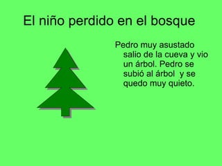 El niño perdido en el bosque Pedro muy asustado salio de la cueva y vio un árbol. Pedro se subió al árbol y se quedo muy quieto.