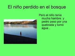 El niño perdido en el bosque Pero el niño tenia mucha hambre y pedro paso por una quebrada y tomó agua .