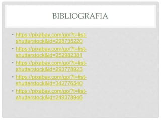 BIBLIOGRAFIA
• https://pixabay.com/go/?t=list-
shutterstock&id=298735220
• https://pixabay.com/go/?t=list-
shutterstock&id=252982381
• https://pixabay.com/go/?t=list-
shutterstock&id=293778923
• https://pixabay.com/go/?t=list-
shutterstock&id=342776540
• https://pixabay.com/go/?t=list-
shutterstock&id=249378946