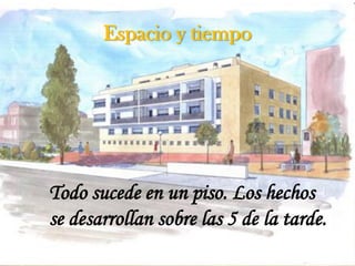 Espacio y tiempo




Todo sucede en un piso. Los hechos
se desarrollan sobre las 5 de la tarde.
 