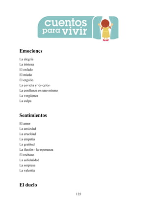 Emociones
La alegría
La tristeza
El enfado
El miedo
El orgullo
La envidia y los celos
La confianza en uno mismo
La vergüenza
La culpa
Sentimientos
El amor
La ansiedad
La crueldad
La empatía
La gratitud
La ilusión - la esperanza
El rechazo
La solidaridad
La sorpresa
La valentía
El duelo
135
 