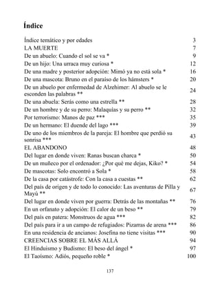 Índice
Índice temático y por edades 3
LA MUERTE 7
De un abuelo: Cuando el sol se va * 9
De un hijo: Una urraca muy curiosa * 12
De una madre y posterior adopción: Mimó ya no está sola * 16
De una mascota: Bruno en el paraíso de los hámsters * 20
De un abuelo por enfermedad de Alzehimer: Al abuelo se le
esconden las palabras **
24
De una abuela: Serás como una estrella ** 28
De un hombre y de su perro: Malaquías y su perro ** 32
Por terrorismo: Manos de paz *** 35
De un hermano: El duende del lago *** 39
De uno de los miembros de la pareja: El hombre que perdió su
sonrisa ***
43
EL ABANDONO 48
Del lugar en donde viven: Ranas buscan charca * 50
De un muñeco por el ordenador: ¿Por qué me dejas, Kiko? * 54
De mascotas: Solo encontró a Sola * 58
De la casa por catástrofe: Con la casa a cuestas ** 62
Del país de origen y de todo lo conocido: Las aventuras de Pilla y
Mayú **
67
Del lugar en donde viven por guerra: Detrás de las montañas ** 76
En un orfanato y adopción: El calor de un beso ** 79
Del país en patera: Monstruos de agua *** 82
Del país para ir a un campo de refugiados: Pizarras de arena *** 86
En una residencia de ancianos: Josefina no tiene visitas *** 90
CREENCIAS SOBRE EL MÁS ALLÁ 94
El Hinduismo y Budismo: El beso del ángel * 97
El Taoísmo: Adiós, pequeño roble * 100
137
 