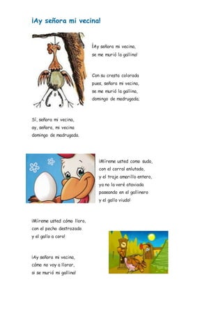 ¡Ay señora mi vecina!
¡Ay señora mi vecina,
se me murió la gallina!
Con su cresta colorada
pues, señora mi vecina,
se me murió la gallina,
domingo de madrugada;
Sí, señora mi vecina,
ay, señora, mi vecina
domingo de madrugada.
¡Míreme usted como sudo,
con el corral enlutado,
y el traje amarillo entero,
ya no la veré ataviada
paseando en el gallinero
y el gallo viudo!
¡Míreme usted cómo lloro,
con el pecho destrozado
y el gallo a coro!
¡Ay señora mi vecina,
cómo no voy a llorar,
si se murió mi gallina!
 