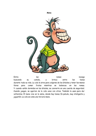 Mono
Entre las ramas navega
buscando su comida, y brinca entre las lianas
durante toda su vida. La cola le sirve para colgarse de los árboles y tener las manos
libres para comer frutas mientras se balancea en las ramas.
Y cuando están dormidos en los árboles, se convierte en una cuerda de seguridad.
Cuando juegan, se agarran de la cola unos con otros. También la usan para dar
volteretas. El mono vive en la selva, donde hay lianas. Es peludo, muy inteligente y
juguetón. La cola es como una tercera mano.
 