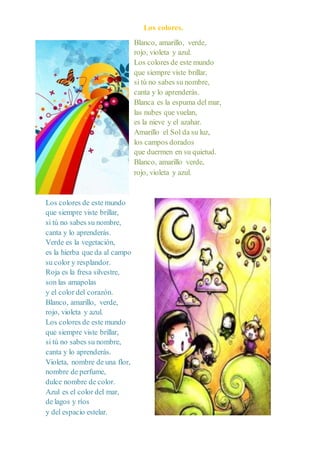 Los colores.
Blanco, amarillo, verde,
rojo, violeta y azul.
Los colores de este mundo
que siempre viste brillar,
si tú no sabes su nombre,
canta y lo aprenderás.
Blanca es la espuma del mar,
las nubes que vuelan,
es la nieve y el azahar.
Amarillo el Sol da su luz,
los campos dorados
que duermen en su quietud.
Blanco, amarillo verde,
rojo, violeta y azul.
Los colores de este mundo
que siempre viste brillar,
si tú no sabes su nombre,
canta y lo aprenderás.
Verde es la vegetación,
es la hierba que da al campo
su color y resplandor.
Roja es la fresa silvestre,
son las amapolas
y el color del corazón.
Blanco, amarillo, verde,
rojo, violeta y azul.
Los colores de este mundo
que siempre viste brillar,
si tú no sabes su nombre,
canta y lo aprenderás.
Violeta, nombre de una flor,
nombre de perfume,
dulce nombre de color.
Azul es el color del mar,
de lagos y ríos
y del espacio estelar.
 