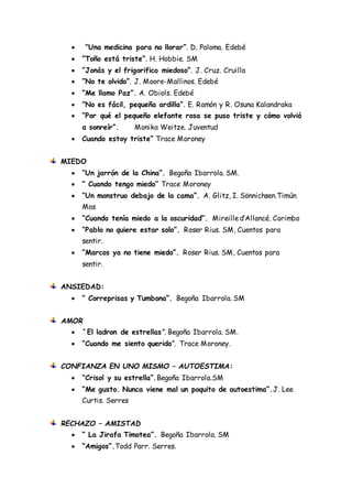  ”Una medicina para no llorar”. D. Paloma. Edebé 
 ”Toño está triste”. H. Hobbie. SM 
 ”Jonás y el frigorifico miedoso”. J. Cruz. Cruilla 
 ”No te olvido”. J. Moore-Mallinos. Edebé 
 ”Me llamo Paz”. A. Obiols. Edebé 
 ”No es fácil, pequeña ardilla”. E. Ramón y R. Osuna Kalandraka 
 “Por qué el pequeño elefante rosa se puso triste y cómo volvió 
a sonreír”. Monika Weitze. Juventud 
 Cuando estoy triste” Trace Moroney 
MIEDO 
 “Un jarrón de la China”. Begoña Ibarrola. SM. 
 “ Cuando tengo miedo” Trace Moroney 
 “Un monstruo debajo de la cama”. A. Glitz, I. Sönnichsen.Timún 
Mas 
 “Cuando tenía miedo a la oscuridad”. Mireille d’Allancé. Corimbo 
 “Pablo no quiere estar solo”. Roser Rius. SM, Cuentos para 
sentir. 
 “Marcos ya no tiene miedo”. Roser Rius. SM, Cuentos para 
sentir. 
ANSIEDAD: 
 “ Correprisas y Tumbona”. Begoña Ibarrola. SM 
AMOR 
 “ El ladron de estrellas”. Begoña Ibarrola. SM. 
 “Cuando me siento querido”. Trace Moroney. 
CONFIANZA EN UNO MISMO – AUTOESTIMA: 
 “Crisol y su estrella”.Begoña Ibarrola.SM 
 “Me gusto. Nunca viene mal un poquito de autoestima”.J. Lee 
Curtis. Serres 
RECHAZO – AMISTAD 
 “ La Jirafa Timotea”. Begoña Ibarrola. SM 
 “Amigos”.Todd Parr. Serres. 
 