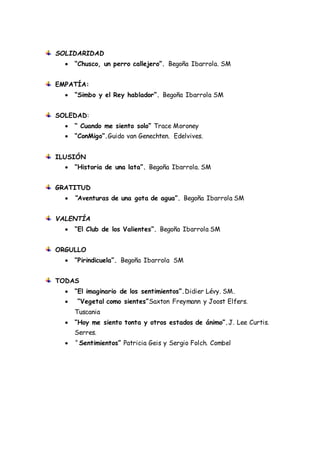 SOLIDARIDAD 
 “Chusco, un perro callejero”. Begoña Ibarrola. SM 
EMPATÍA: 
 “Simbo y el Rey hablador”. Begoña Ibarrola SM 
SOLEDAD: 
 “ Cuando me siento solo” Trace Moroney 
 “ConMigo”.Guido van Genechten. Edelvives. 
ILUSIÓN 
 “Historia de una lata”. Begoña Ibarrola. SM 
GRATITUD 
 “Aventuras de una gota de agua”. Begoña Ibarrola SM 
VALENTÍA 
 “El Club de los Valientes”. Begoña Ibarrola SM 
ORGULLO 
 “Pirindicuela”. Begoña Ibarrola SM 
TODAS 
 “El imaginario de los sentimientos”.Didier Lévy. SM. 
 “Vegetal como sientes”Saxton Freymann y Joost Elfers. 
Tuscania 
 “Hoy me siento tonta y otros estados de ánimo”.J. Lee Curtis. 
Serres. 
 “ Sentimientos” Patricia Geis y Sergio Folch. Combel 
