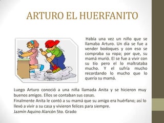 ARTURO EL HUERFANITO

                                      Había una vez un niño que se
                                     llamaba Arturo. Un día se fue a
                                     vender bodoques y con eso se
                                     compraba su ropa; por que, su
                                     mamá murió. El se fue a vivir con
                                     su tío pero el lo maltrataba
                                     mucho. Y el sufría mucho
                                     recordando lo mucho que lo
                                     quería su mamá.

Luego Arturo conoció a una niña llamada Anita y se hicieron muy
buenos amigos. Ellos se contaban sus cosas.
Finalmente Anita le contó a su mamá que su amigo era huérfano; así lo
llevó a vivir a su casa y vivieron felices para siempre.
Jazmín Aquino Alarcón 5to. Grado
 