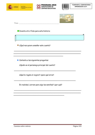 Cuentos sobre valores Página 103
“COMPARTIC: COMPARTIENDO
APRENDIZAJES v2.0”.
Título: ___________________________________________________
Inventa otro título para esta historia:
¿Qué nos quiere enseñar este cuento?
_____________________________________________________________
_____________________________________________________________
_____________________________________________
Contesta a las siguientes preguntas:
¿Quién es el personaje principal del cuento?
________________________________________________________
¿Qué le regala el viajero? ¿para qué sirve?
________________________________________________________
En realidad, ¿sirven para algo las semillas? ¿por qué?
_____________________________________________________________
_____________________________________________________________
______________________________________________
 