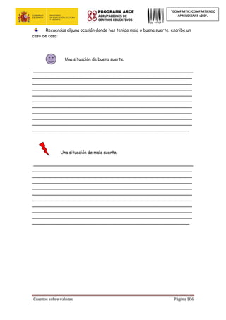 Cuentos sobre valores Página 106
“COMPARTIC: COMPARTIENDO
APRENDIZAJES v2.0”.
Recuerdas alguna ocasión donde has tenido mala o buena suerte, escribe un
caso de casa:
Una situación de buena suerte.
_____________________________________________________________
_____________________________________________________________
_____________________________________________________________
_____________________________________________________________
_____________________________________________________________
_____________________________________________________________
_____________________________________________________________
_____________________________________________________________
_____________________________________________________________
_____________________________________________________________
____________________________________________________________
Una situación de mala suerte.
_____________________________________________________________
_____________________________________________________________
_____________________________________________________________
_____________________________________________________________
_____________________________________________________________
_____________________________________________________________
_____________________________________________________________
_____________________________________________________________
_____________________________________________________________
_____________________________________________________________
____________________________________________________________
 