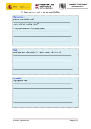 Cuentos sobre valores Página 112
“COMPARTIC: COMPARTIENDO
APRENDIZAJES v2.0”.
Separa el texto en tres partes resumiéndolas:
Planteamiento:
¿dónde sucede la historia?
______________________________________________________
¿quién es el personaje principal?
______________________________________________________
¿qué problema tiene? Ó ¿qué le sucede?
______________________________________________________
_______________________________________________________
_______________________________________________________
Nudo:
¿qué hace para solucionarlo? Ó ¿cómo transcurre la historia?
_______________________________________________________
________________________________________________________
________________________________________________________
________________________________________________________
Desenlace:
¿Qué pasa al final?
_______________________________________________________
________________________________________________________
________________________________________________________
________________________________________________________
________________________________________________________
 