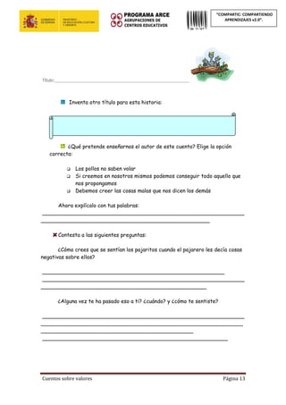 Cuentos sobre valores Página 13
“COMPARTIC: COMPARTIENDO
APRENDIZAJES v2.0”.
Título:_________________________________________________________
Inventa otro título para esta historia:
¿Qué pretende enseñarnos el autor de este cuento? Elige la opción
correcta:
 Los pollos no saben volar
 Si creemos en nosotros mismos podemos conseguir todo aquello que
nos propongamos
 Debemos creer las cosas malas que nos dicen los demás
Ahora explícalo con tus palabras:
_____________________________________________________________
___________________________________________________
Contesta a las siguientes preguntas:
¿Cómo crees que se sentían los pajaritos cuando el pajarero les decía cosas
negativas sobre ellos?
_______________________________________________________
_____________________________________________________________
__________________________________________________
¿Alguna vez te ha pasado eso a ti? ¿cuándo? y ¿cómo te sentiste?
_____________________________________________________________
_____________________________________________________________
______________________________________________
________________________________________________________
 