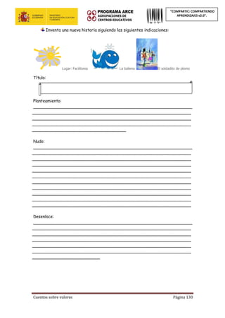 Cuentos sobre valores Página 130
“COMPARTIC: COMPARTIENDO
APRENDIZAJES v2.0”.
Inventa una nueva historia siguiendo las siguientes indicaciones:
Lugar: Facilitonia La ballena El soldadito de plomo
Título:
Planteamiento:
_____________________________________________________________
_____________________________________________________________
_____________________________________________________________
_____________________________________________________________
____________________________________
Nudo:
_____________________________________________________________
_____________________________________________________________
_____________________________________________________________
_____________________________________________________________
_____________________________________________________________
_____________________________________________________________
_____________________________________________________________
_____________________________________________________________
_____________________________________________________________
_____________________________________________________________
_____________________________________________________________
Desenlace:
_____________________________________________________________
_____________________________________________________________
_____________________________________________________________
_____________________________________________________________
_____________________________________________________________
_____________________________________________________________
__________________________
 