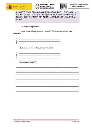 Cuentos sobre valores Página 24
“COMPARTIC: COMPARTIENDO
APRENDIZAJES v2.0”.
LA AUTOESTIMA ES LA VALORACIÓN QUE HACEMOS DE NOSOTROS
MISMOS; ES DECIR, LO QUE NOS QUEREMOS. Y ESTO DEPENDE DE LA
IMAGEN QUE LOS DEMÁS TIENEN DE NOSOTROS Y DE LA NUESTRA
PROPIA.
Reflexión personal:
¿Qué es lo que más te gusta de ti mismo? Escribe como mínimo tres
atributos:
1. _______________________________________
2. _______________________________________
3. _______________________________________
¿Qué es lo que menos te gusta de ti mismo?
1. _______________________________________
2. _______________________________________
3. ________________________________________
¿Cómo desearías ser?
__________________________________________________________
___________________________________________________________
___________________________________________________________
___________________________________________________________
___________________________________________________________
___________________________________________________________
___________________________________________________________
___________________________________________________________
___________________________________________________________
___________________________________________________________
___________________________________________________________
 