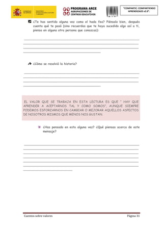 Cuentos sobre valores Página 31
“COMPARTIC: COMPARTIENDO
APRENDIZAJES v2.0”.
¿Te has sentido alguna vez como el hada fea? Piénsalo bien, después
cuenta qué te pasó (sino recuerdas que te haya sucedido algo así a ti,
piensa en alguna otra persona que conozcas):
_____________________________________________________________
_____________________________________________________________
_____________________________________________________________
_________________________________________
¿Cómo se resolvió la historia?
_____________________________________________________________
_____________________________________________________________
_____________________________________________________________
_________________________________________
EL VALOR QUE SE TRABAJA EN ESTA LECTURA ES QUE “ HAY QUE
APRENDER A ACEPTARNOS TAL Y COMO SOMOS”, AUNQUE SIEMPRE
PODEMOS ESFORZARNOS EN CAMBIAR O MEJORAR AQUELLOS ASPECTOS
DE NOSOTROS MISMOS QUE MENOS NOS GUSTAN.
¿Has pensado en esto alguna vez? ¿Qué piensas acerca de este
mensaje?
_____________________________________________________________
_____________________________________________________________
_____________________________________________________________
_____________________________________________________________
_____________________________________________________________
_____________________________________________________________
__________________________
 