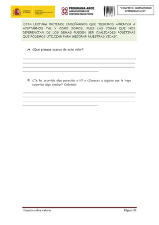 Cuentos sobre valores Página 38
“COMPARTIC: COMPARTIENDO
APRENDIZAJES v2.0”.
ESTA LECTURA PRETENDE ENSEÑARNOS QUE “DEBEMOS APRENDER A
ACEPTARNOS TAL Y COMO SOMOS, PUES LAS COSAS QUE NOS
DIFERENCIAN DE LOS DEMÁS PUEDEN SER CUALIDADES POSITIVAS
QUE PODEMOS UTILIZAR PARA MEJORAR NUESTRAS VIDAS”.
¿Qué piensas acerca de este valor?
_____________________________________________________________
_____________________________________________________________
_____________________________________________________________
_________________________________________
¿Te ha ocurrido algo parecido a ti? o ¿Conoces a alguien que le haya
ocurrido algo similar? Cuéntalo:
_____________________________________________________________
_____________________________________________________________
_____________________________________________________________
_________________________________________
 