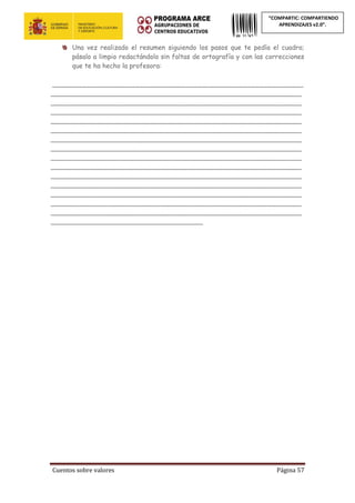 Cuentos sobre valores Página 57
“COMPARTIC: COMPARTIENDO
APRENDIZAJES v2.0”.
Una vez realizado el resumen siguiendo los pasos que te pedía el cuadro;
pásalo a limpio redactándolo sin faltas de ortografía y con las correcciones
que te ha hecho la profesora:
_____________________________________________________________
_____________________________________________________________
_____________________________________________________________
_____________________________________________________________
_____________________________________________________________
_____________________________________________________________
_____________________________________________________________
_____________________________________________________________
_____________________________________________________________
_____________________________________________________________
_____________________________________________________________
_____________________________________________________________
_____________________________________________________________
_____________________________________________________________
_____________________________________________________________
_____________________________________
 