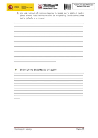 Cuentos sobre valores Página 65
“COMPARTIC: COMPARTIENDO
APRENDIZAJES v2.0”.
Una vez realizado el resumen siguiendo los pasos que te pedía el cuadro;
pásalo a limpio redactándolo sin faltas de ortografía y con las correcciones
que te ha hecho la profesora:
_____________________________________________________________
_____________________________________________________________
_____________________________________________________________
_____________________________________________________________
_____________________________________________________________
_____________________________________________________________
_____________________________________________________________
_____________________________________________________________
_____________________________________________________________
_____________________________________________________________
_____________________________________________________________
_____________________________________________________________
_____________________________________________________________
_____________________________________________________________
_____________________________________________________________
_____________________________________
Inventa un final diferente para este cuento:
_____________________________________________________________
_____________________________________________________________
_____________________________________________________________
_____________________________________________________________
_____________________________________________________________
_____________________________________________________________
_____________________________________________________________
_____________________________________________________________
_____________________________________________________________
_____________________________________________________________
_____
 