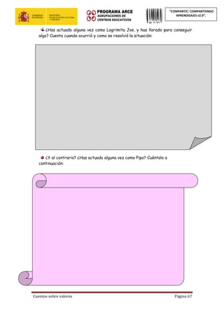 Cuentos sobre valores Página 67
“COMPARTIC: COMPARTIENDO
APRENDIZAJES v2.0”.
¿Has actuado alguna vez como Lagrimita Joe, y has llorado para conseguir
algo? Cuenta cuando ocurrió y como se resolvió la situación:
¿Y al contrario? ¿Has actuado alguna vez como Pipo? Cuéntalo a
continuación:
 