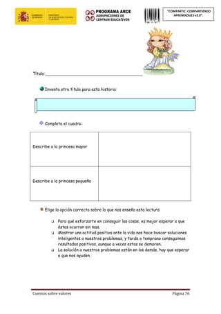 Cuentos sobre valores Página 76
“COMPARTIC: COMPARTIENDO
APRENDIZAJES v2.0”.
Título:________________________________________________
Inventa otro título para esta historia:
Completa el cuadro:
Describe a la princesa mayor
Describe a la princesa pequeña
Elige la opción correcta sobre lo que nos enseña esta lectura:
 Para qué esforzarte en conseguir las cosas, es mejor esperar a que
éstas ocurran sin mas.
 Mostrar una actitud positiva ante la vida nos hace buscar soluciones
inteligentes a nuestros problemas, y tarde o temprano conseguimos
resultados positivos, aunque a veces estos se demoren.
 La solución a nuestros problemas están en los demás, hay que esperar
a que nos ayuden.
 