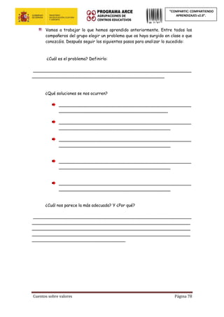 Cuentos sobre valores Página 78
“COMPARTIC: COMPARTIENDO
APRENDIZAJES v2.0”.
Vamos a trabajar lo que hemos aprendido anteriormente. Entre todos los
compañeros del grupo elegir un problema que os haya surgido en clase o que
conozcáis. Después seguir los siguientes pasos para analizar lo sucedido:
¿Cuál es el problema? Definirlo:
_____________________________________________________________
___________________________________________________
¿Qué soluciones se nos ocurren?
___________________________________________________
__________________________________________
___________________________________________________
___________________________________________
___________________________________________________
___________________________________________
___________________________________________________
___________________________________________
___________________________________________________
___________________________________________
¿Cuál nos parece la más adecuada? Y ¿Por qué?
_____________________________________________________________
_____________________________________________________________
_____________________________________________________________
_____________________________________________________________
____________________________________
 