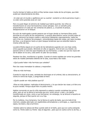mucho tiempo le había ya dicho al Rey tantas cosas malas de los príncipes, que éste
acabó por desentenderse de ellos.

-¡A volar por el mundo y apáñense por su cuenta! -exclamó un día la perversa mujer-;
¡a volar como grandes aves sin voz!

Pero no pudo llegar al extremo de maldad que habría querido; los niños se
transformaron en once hermosísimos cisnes salvajes. Con un extraño grito
emprendieron el vuelo por las ventanas de palacio, y, cruzando el parque,
desaparecieron en el bosque.

Era aún de madrugada cuando pasaron por el lugar donde su hermana Elisa yacía
dormida en el cuarto de los campesinos; y aunque describieron varios círculos sobre el
tejado, estiraron los largos cuellos y estuvieron aleteando vigorosamente, nadie los
oyó ni los vio. Hubieron de proseguir, remontándose basta las nubes, por esos mundos
de Dios, y se dirigieron hacia un gran bosque tenebroso que se extendía hasta la
misma orilla del mar.

La pobre Elisita seguía en el cuarto de los labradores jugando con una hoja verde,
único juguete que poseía. Abriendo en ella un agujero, miró el sol a su través y le
pareció como si viera los ojos límpidos de sus hermanos; y cada vez que los rayos del
sol le daban en la cara, creía sentir el calor de sus besos.

Pasaban los días, monótonos e iguales. Cuando el viento soplaba por entre los grandes
setos de rosales plantados delante de la casa, susurraba a las rosas:

-¿Qué puede haber más hermoso que ustedes?

Pero las rosas meneaban la cabeza y respondían:

-Elisa es más hermosa.

Cuando la vieja de la casa, sentada los domingos en el umbral, leía su devocionario, el
viento le volvía las hojas, y preguntaba al libro:

-¿Quién puede ser más piadoso que tú?

-Elisa es más piadosa -replicaba el devocionario; y lo que decían las rosas y el libro era
la pura verdad. Porque aquel libro no podía mentir.

Habían convenido en que la niña regresaría a palacio cuando cumpliese los quince
años; pero al ver la Reina lo hermosa que era, sintió rencor y odio, y la habría
transformado en cisne, como a sus hermanos; sin embargo, no se atrevió a hacerlo en
seguida, porque el Rey quería ver a su hija.

Por la mañana, muy temprano, fue la Reina al cuarto de baile, que era todo él de
mármol y estaba adornado con espléndidos almohadones y cortinajes, y, cogiendo tres
sapos, los besó y dijo al primero:

-Súbete sobre la cabeza de Elisa cuando esté en el baño, para que se vuelva estúpida
como tú. Ponte sobre su frente -dijo al segundo-, para que se vuelva como tú de fea, y
 
